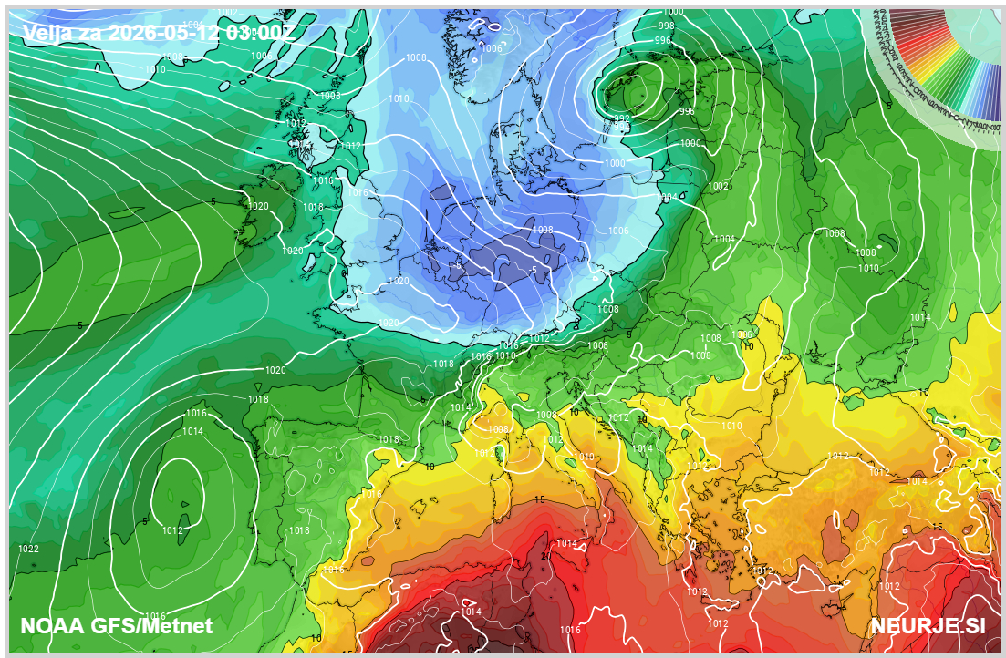 Weather map of Europe showing isobars and color-coded temperatures from cold blue in the north to warm yellow-red in the south; timestamp top-left.