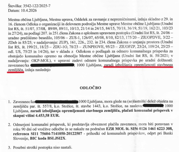 Ena od dveh odločb ljubljanske občine za plačilo komunalnega prispevka ob dokončanju kanala C0. Foto: Zajem zaslona