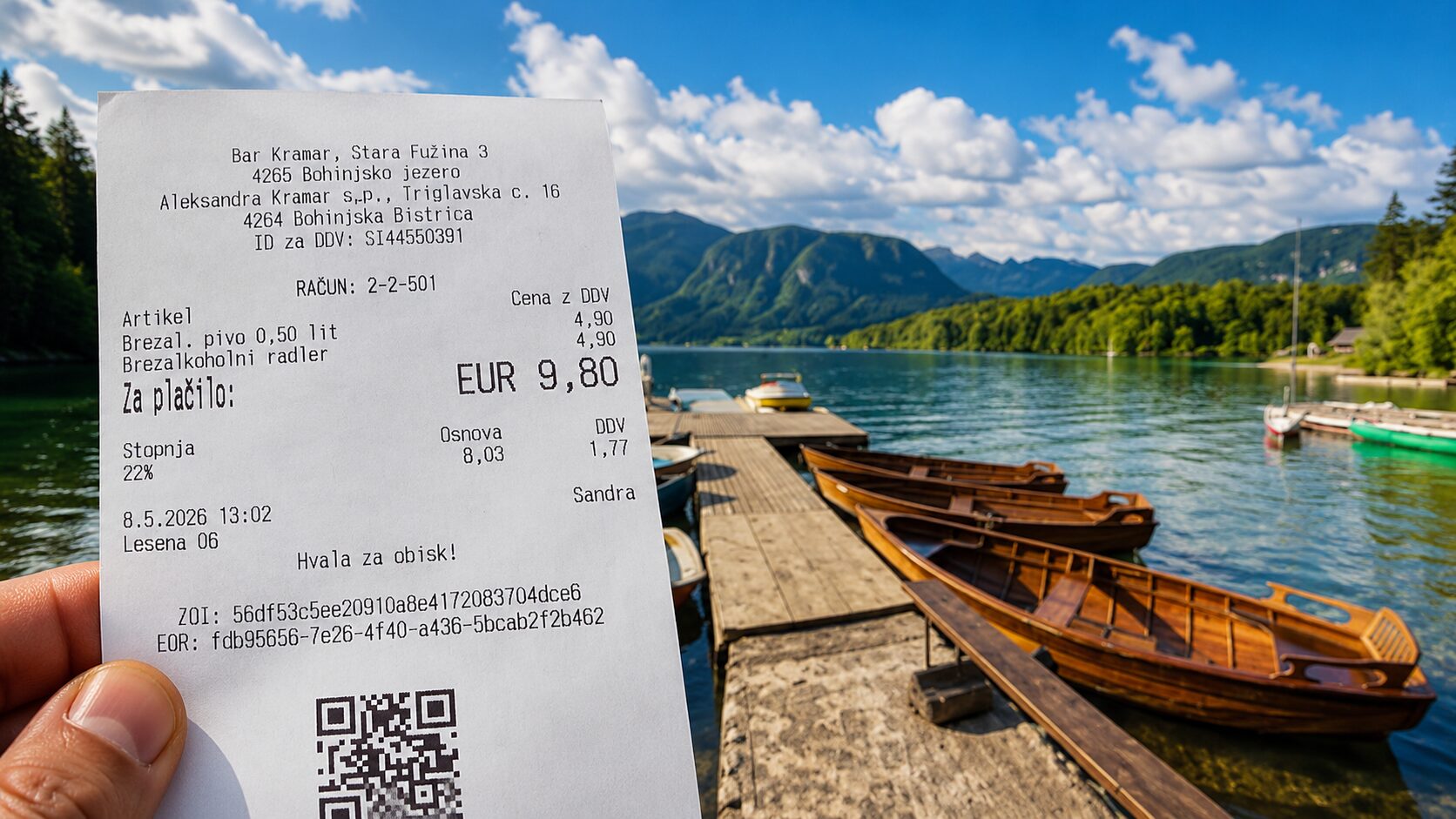 Receipt held in front of a lakeside scene with wooden boats at a dock and forested mountains in the background; total shows EUR 9,80 on the receipt's right side.