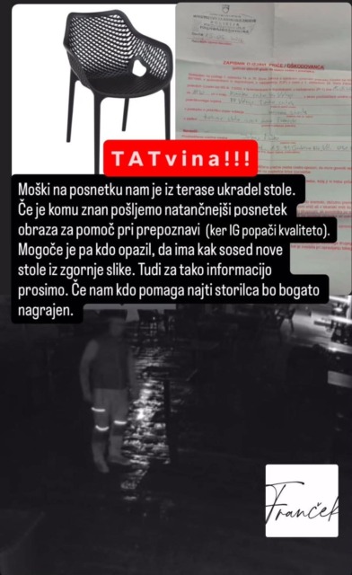 Ukradli stole z velenjskega lokala?! Lastniki objavili posnetek moškega, obljubljajo bogato nagrado