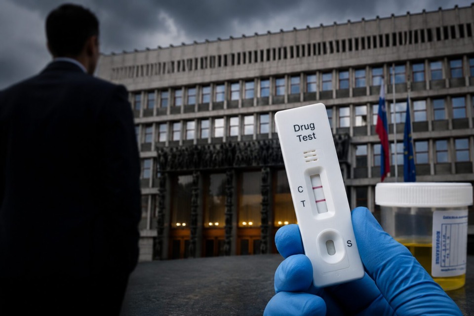 v ospredju test za droge, v ozadju pa je parlament