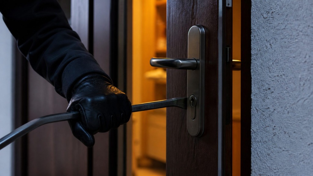 Gloved hand uses a crowbar to pry open a wooden door, with warm light visible inside the room.