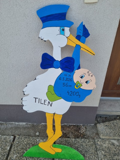 Decorative baby-announcement cutout showing a blue-styled stork carrying a baby, with birth details written on the blue body (date, weight, length).