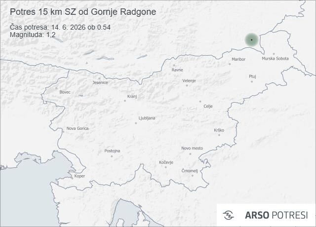 Potres 15 km SZ od Gornje Radgone 14. 6. 2026 ob 0.54