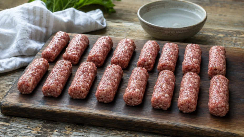 Enakomerno oblikovani surovi čevapčiči na leseni deski.