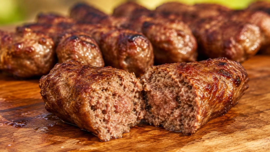 Prerezan domač čevapčič razkriva sočno in mehko notranjost.