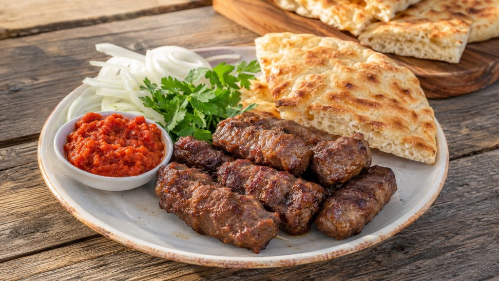 Pečeni čevapčiči z lepinjo, ajvarjem in svežo čebulo.