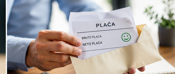 Plačilna kuverta z oznako bruto in neto plača ob kalkulatorju.