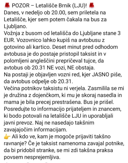 Potnica opozarja na dogajanje na Brniku: »Taksist je tujcem govoril, da avtobus za Ljubljano sploh ne vozi«