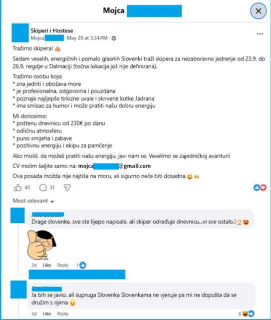 Skupina zelo veselih Slovenk išče mladega skiperja, ki jim bo pokazal skrite zalive. Toliko plačajo na dan …