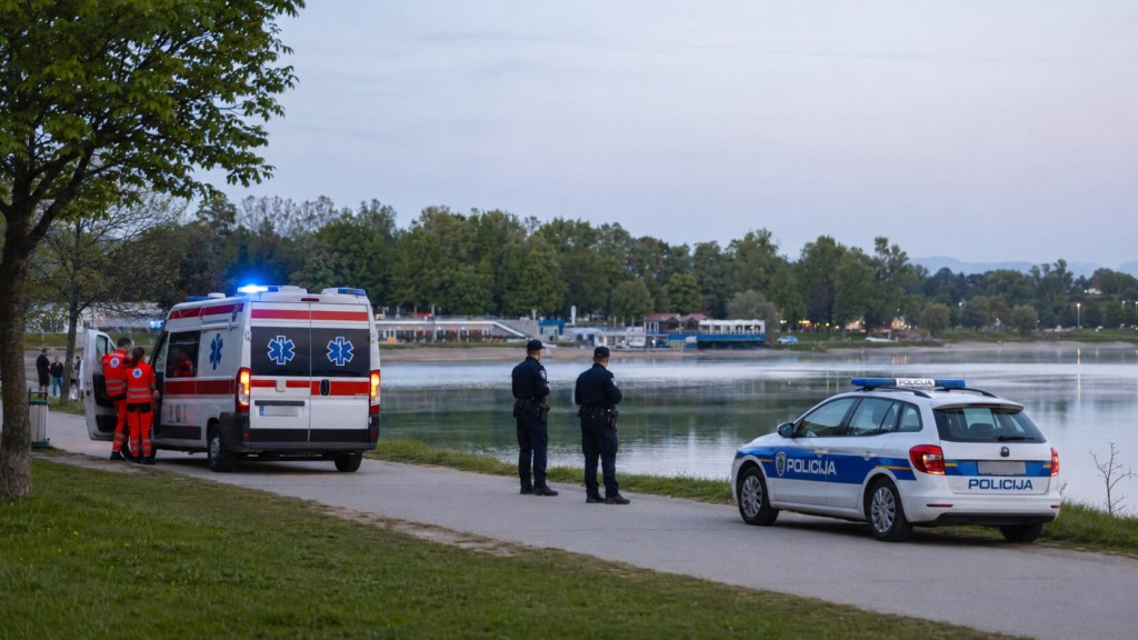 Jezero Jarun. Rešilci in policisti ob jezeru.