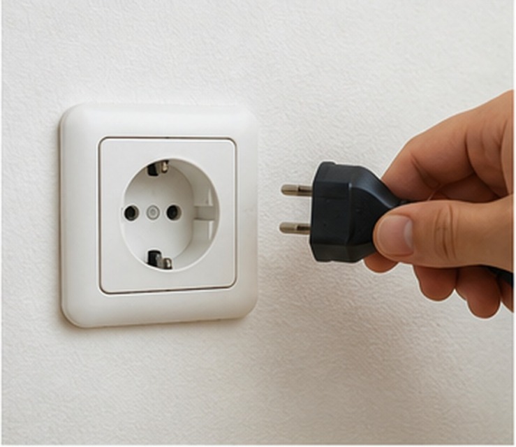 Roka izklaplja električni vtikač iz vtičnice za manj segrevanja doma