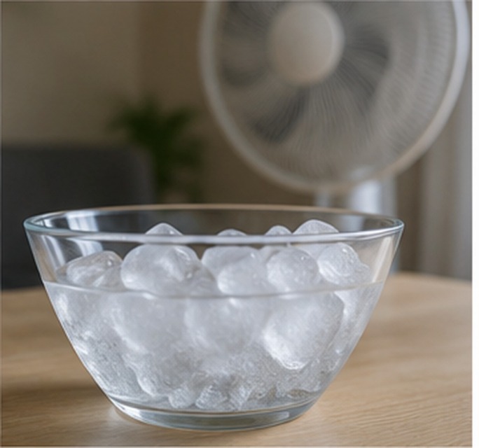 Posoda z ledom pred ventilatorjem za hlajenje zraka v stanovanju