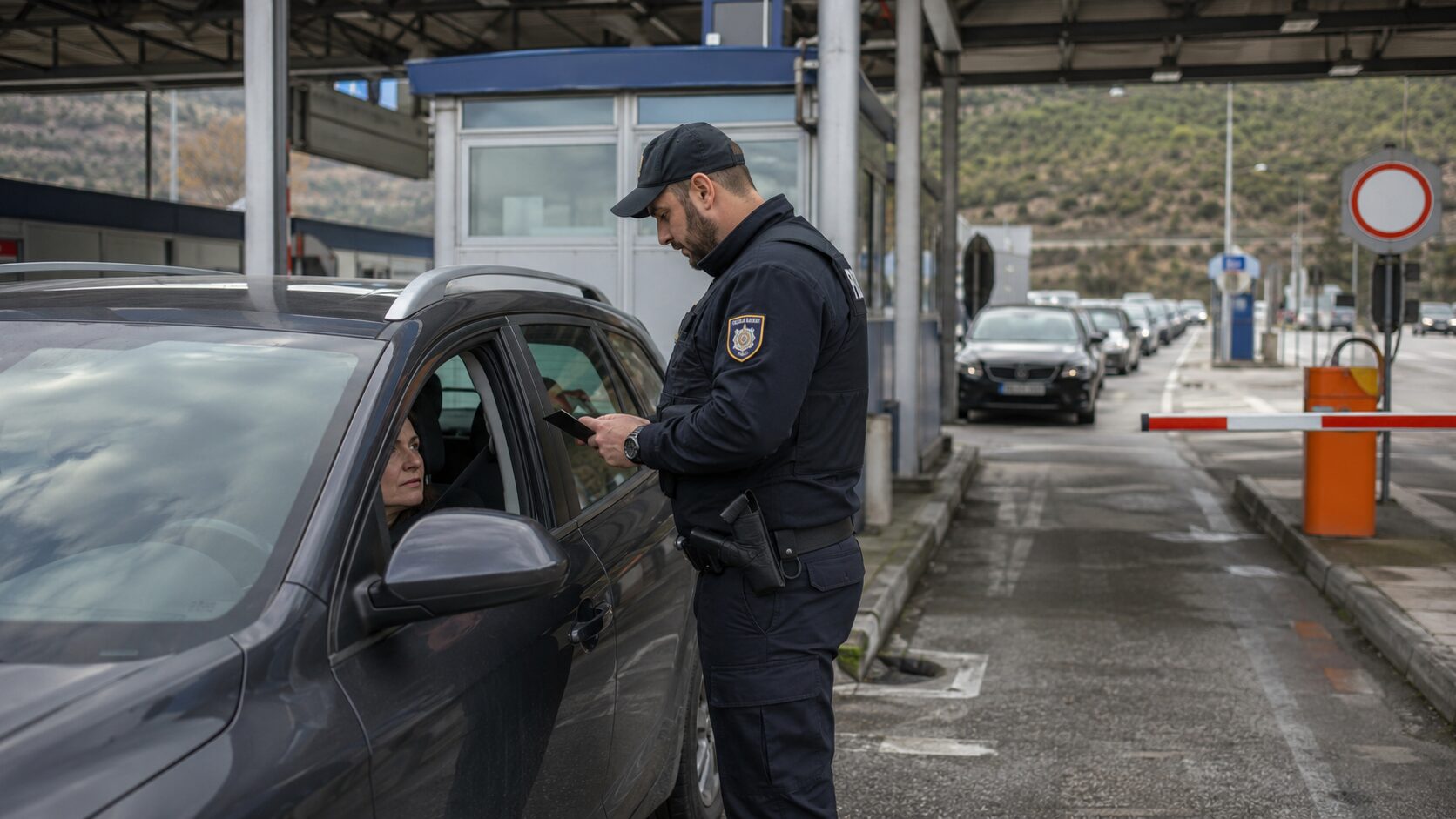Mejni policist na kontrolni točki preverja dokumente voznika v avtomobilu.
