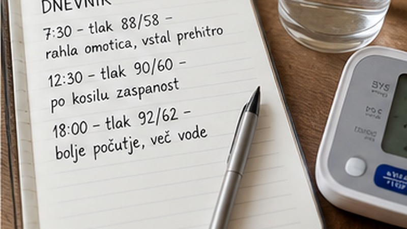 Dnevnik meritev krvnega tlaka ob merilniku in kozarcu vode.