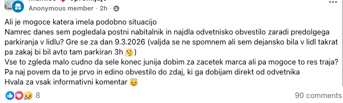Objava na družbenih omrežjih o kaznih za parkiranje pri Lidlu