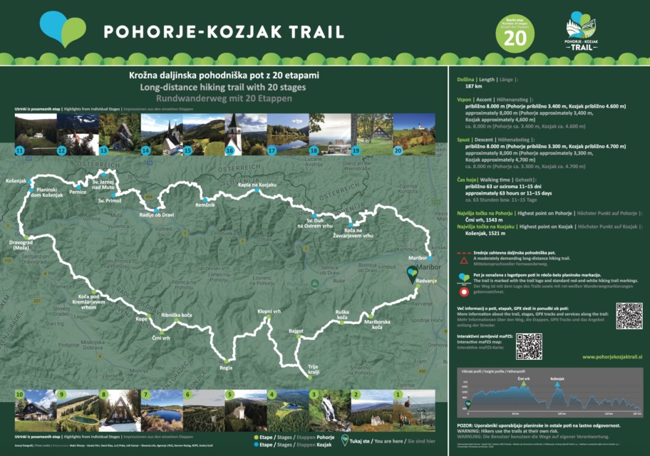 Foto: Zemljevid pohodniške poti Pohorje – Kozjak Trail z označenimi 20 etapami.