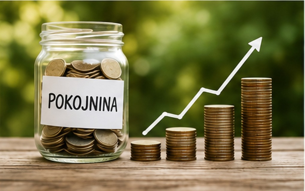 Kozarec z napisom pokojnina, ob njem so kovanci in prikaz rasti prihrankov