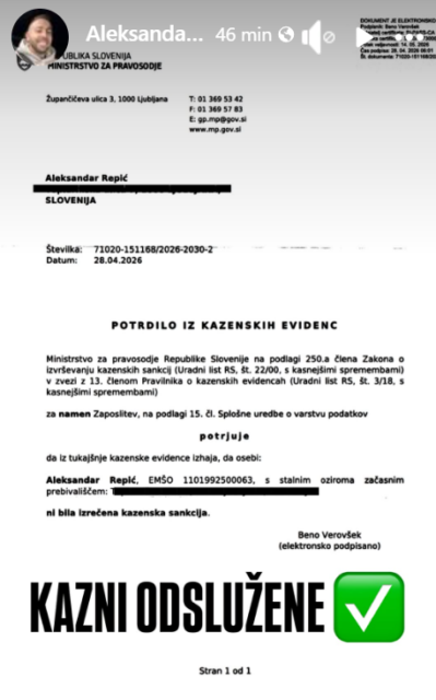 Potrdilo iz kazenskih evidenc Aleksandra Repića, objavljeno ob napovedi županskih volitev 2026.