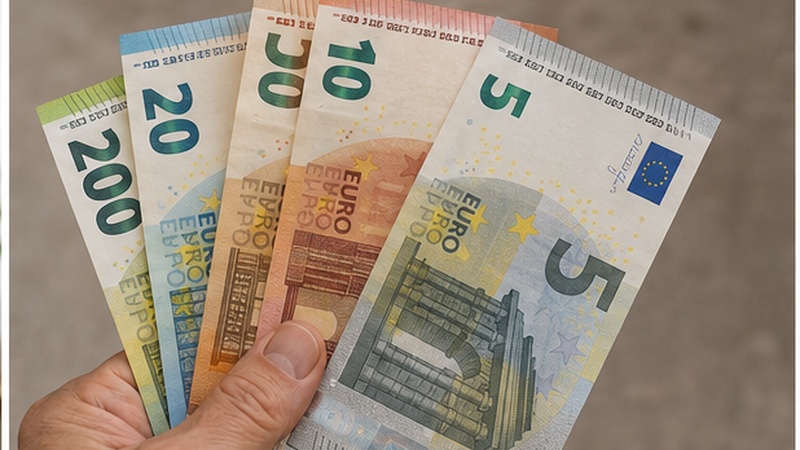 Evrski bankovci kot simbol pomoči pri nizki pokojnini.