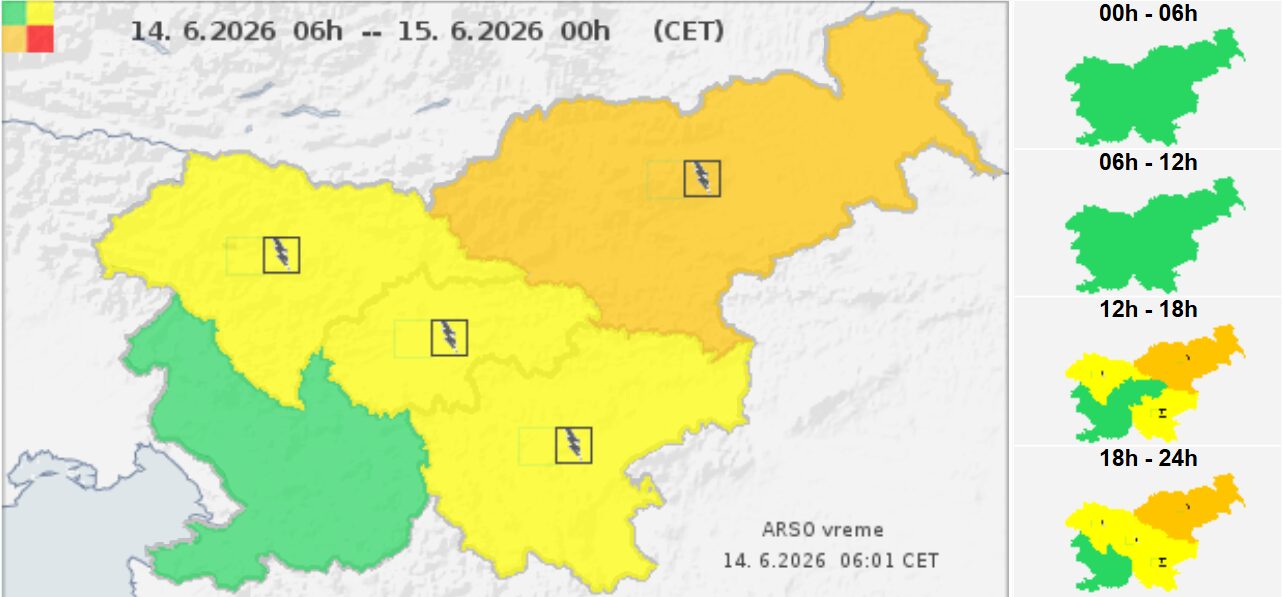 ARSO opozarja na možnost krajevnih neurij s točo, najbolj na udaru to območje Slovenije