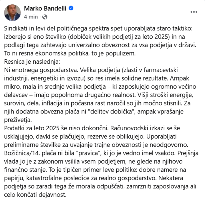 zapis Marka Bandellija; vir: Facebook
