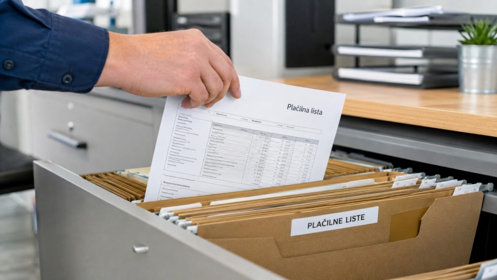Roka vlaga dokument s plačilno listo v predal z označenimi mapami za plačilne liste.