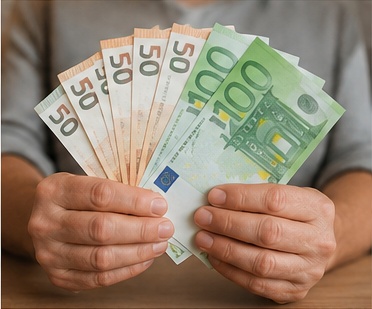 Roke držijo evrske bankovce kot prikaz izplačila delne pokojnine.