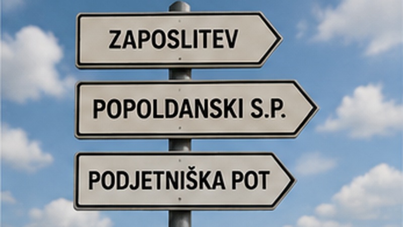 Kažipot, ki prikazuje zaposlitev, popoldanski s.p. in podjetniško pot.