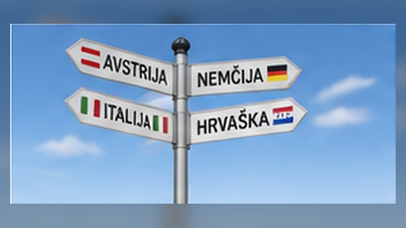 Smerokaz z državami Avstrija, Nemčija, Italija in Hrvaška.