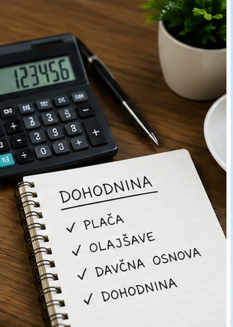 Kalkulator, beležka in zapis o plači, olajšavah, davčni osnovi in dohodnini.