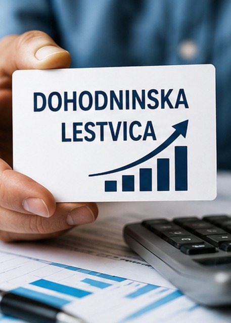 Dohodninska lestvica z grafom rasti in kalkulatorjem na mizi.