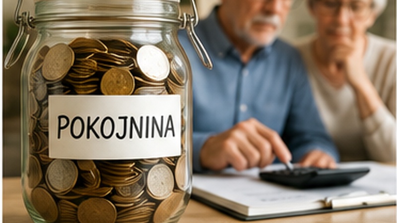 Steklen kozarec s kovanci in napisom pokojnina, v ozadju starejši par računa stroške.