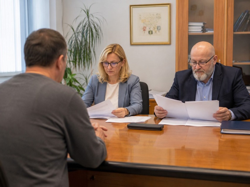 Člana invalidske komisije pregledujeta dokumentacijo zavarovanca za invalidsko pokojnino 2026.