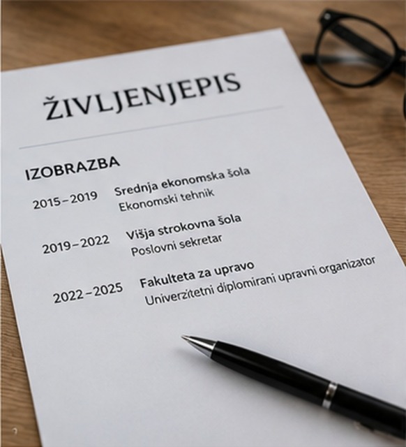 Življenjepis z razdelkom o izobrazbi in pisalo na mizi