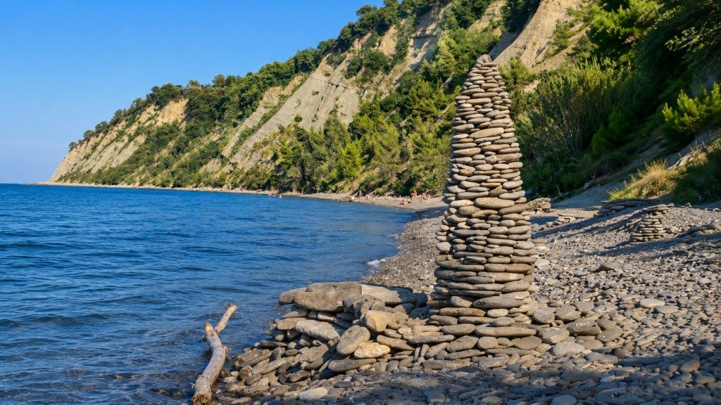 Kamniti stolp, ki so ga obiskovalci postavili na obali v Krajinskem parku Strunjan, kjer je spreminjanje naravnega obrežja prepovedano.