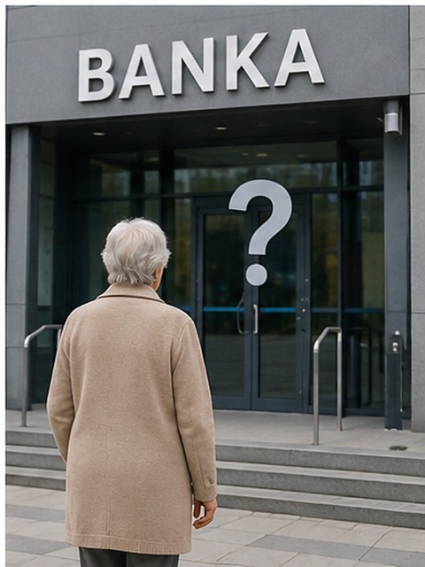 Upokojenka pred banko razmišlja o možnosti odobritve kredita za upokojence.