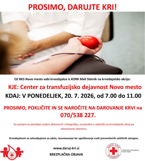 Krvodajalska akcija v Novem mestu za krajane Malega Slatnika