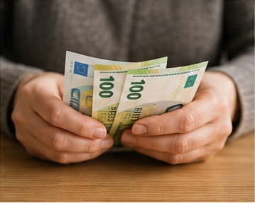 Oseba šteje euro bankovce na mizi.