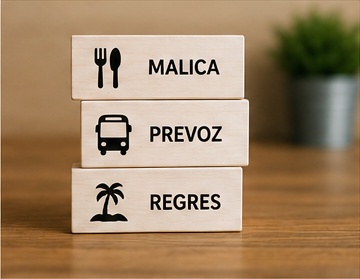 Leseni bloki z napisi malica, prevoz in regres.