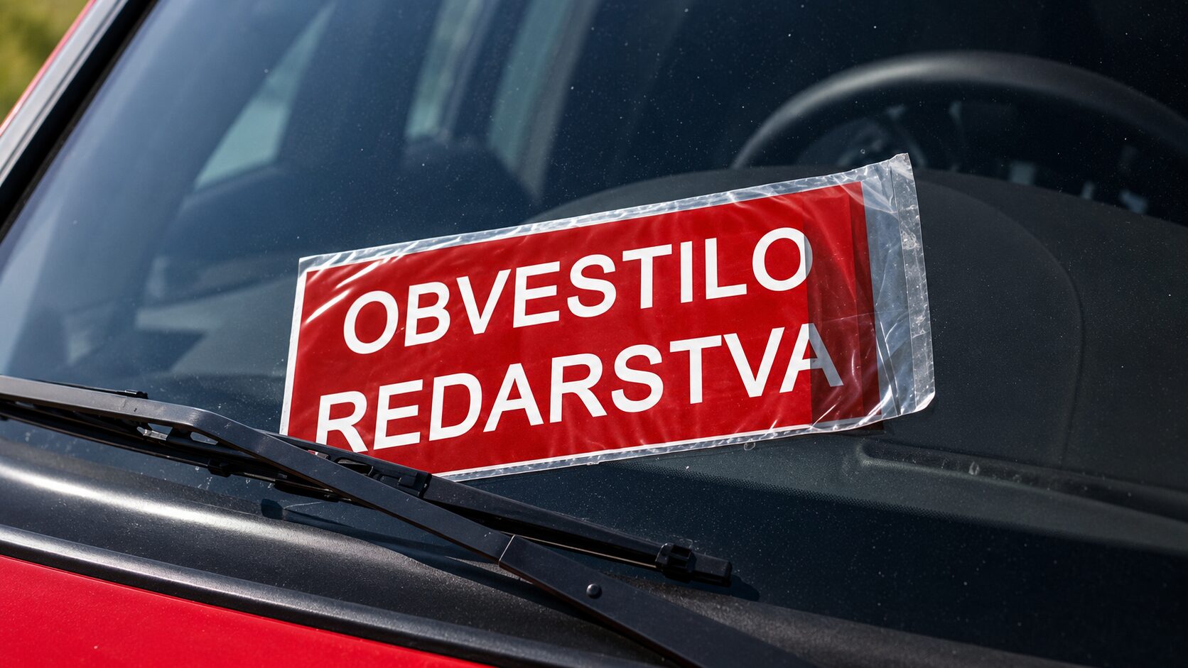 Obvestilo redarstva, nameščeno za vetrobranskim steklom avtomobila.