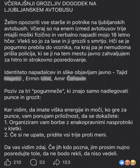Oče javno spregovoril: »Na ljubljanskem avtobusu so mojo 18-letno hčer vlekli za lase in ji grozili s smrtjo« (foto)