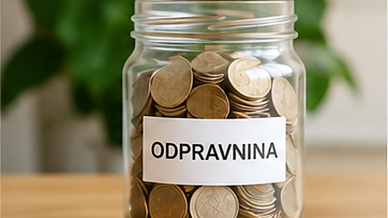 Steklen kozarec s kovanci in napisom odpravnina.