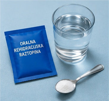 Kozarec rehidracijske tekočine ob postelji bolne osebe