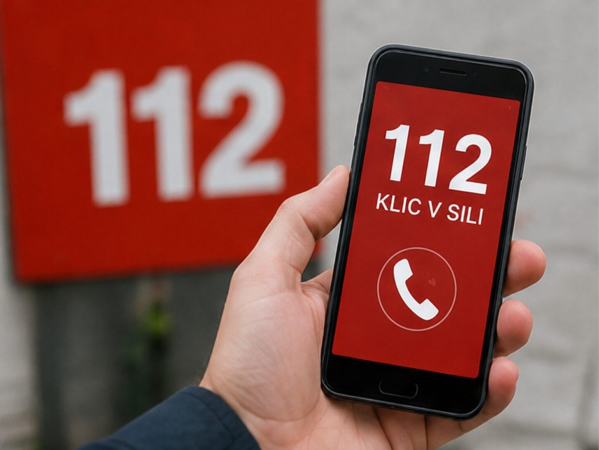 Telefon s prikazano številko za nujno pomoč 112.