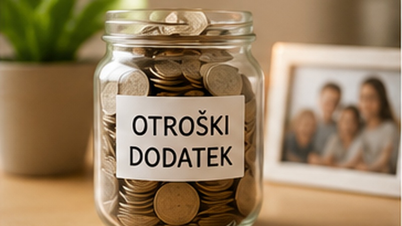Kozarec s kovanci, namenjenimi za otroški dodatek.