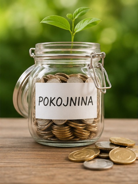 Kozarec s kovanci in napisom pokojnina kot simbol pokojninskih prihrankov.