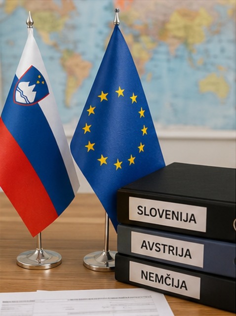 Slovenska in evropska zastava ob mapah z napisi Slovenija, Avstrija in Nemčija.