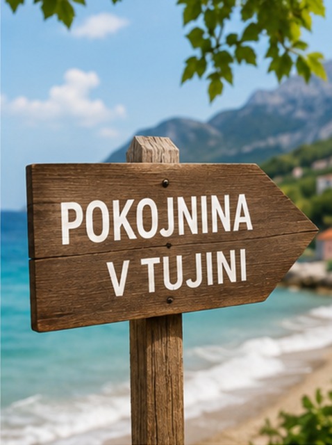 Lesena usmerjevalna tabla z napisom pokojnina v tujini ob morju.