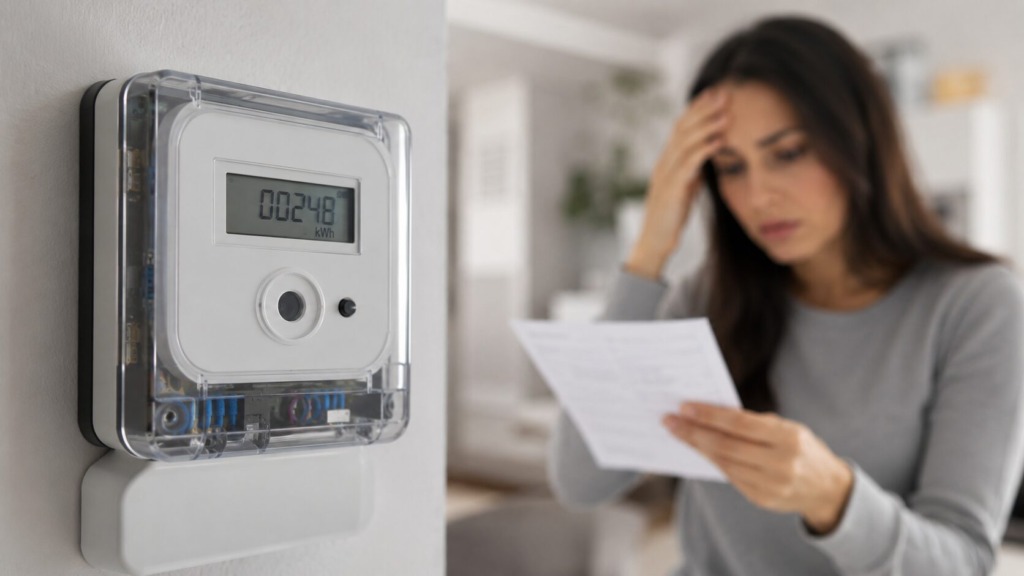 Ženska ob električnem števcu zaskrbljeno pregleduje visok račun za elektriko.